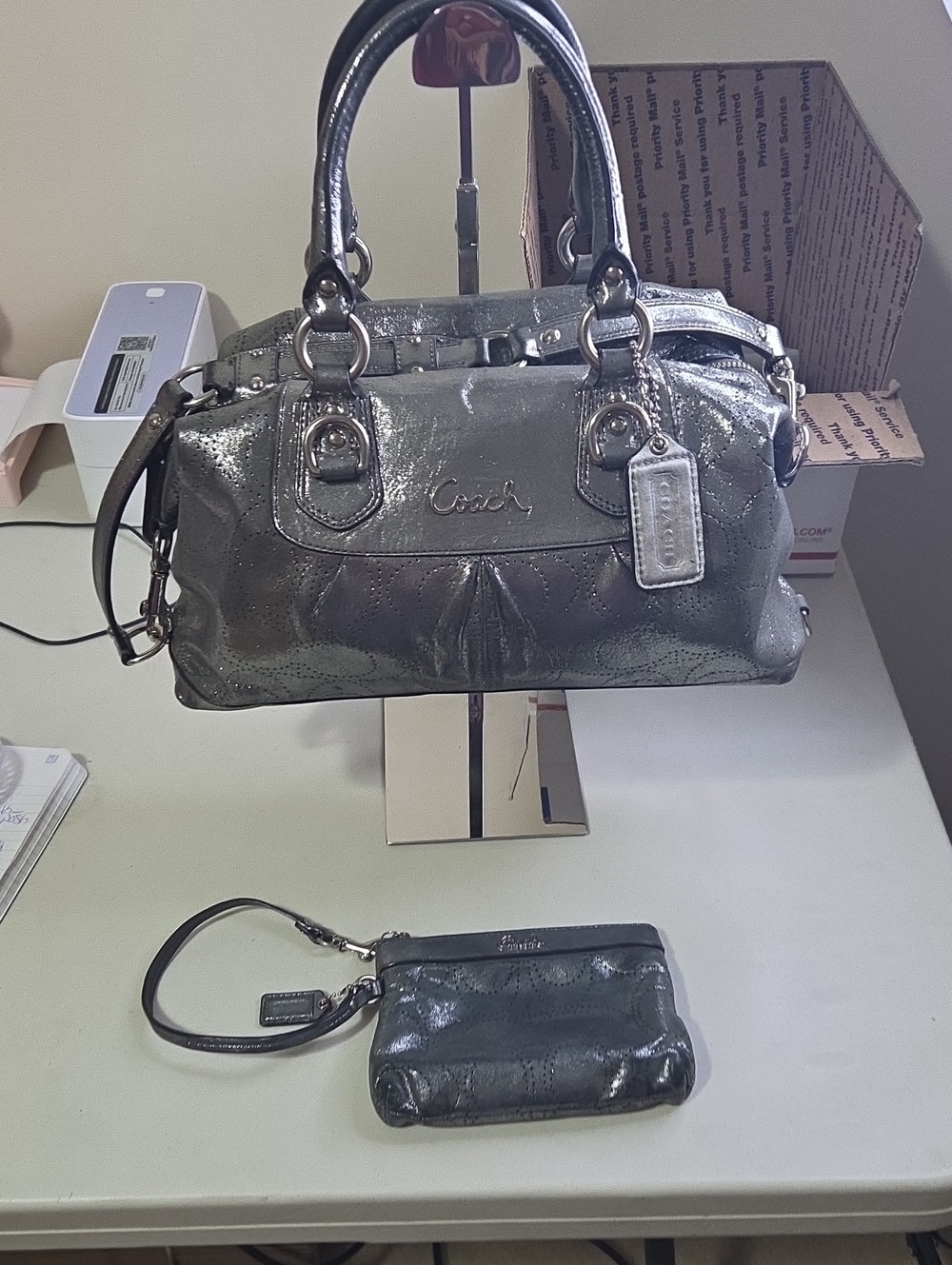 Coach Ashley Perforated Metallic Silver Patent Leather Satchel with Wristlet